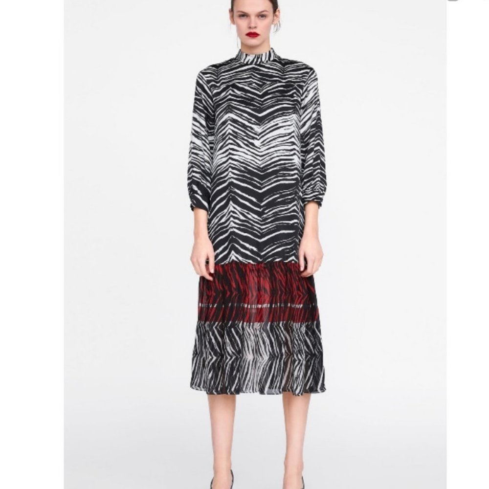 NWT ZARA Animal Print Dress High Neck Ruffle M